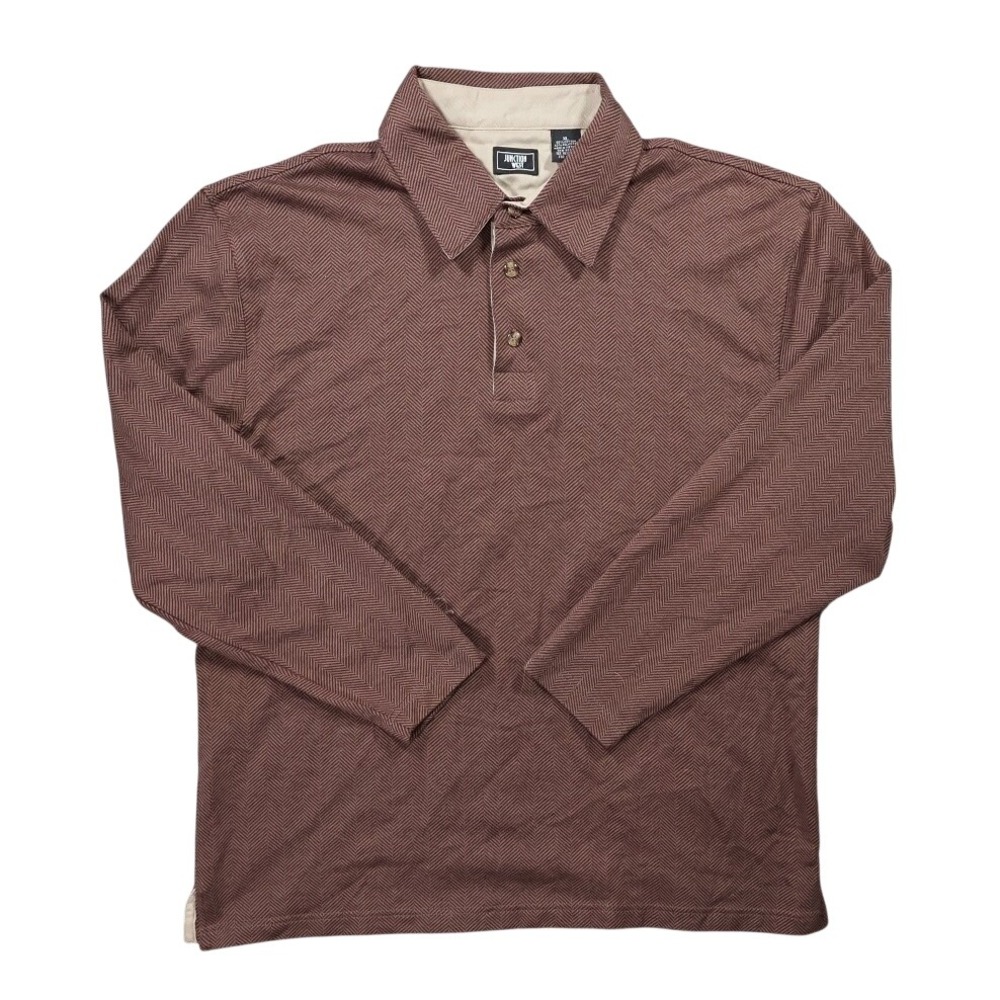 Junction West Long Sleeve Polo Mens XL Brown Excellent Vintage Herringbone Knit